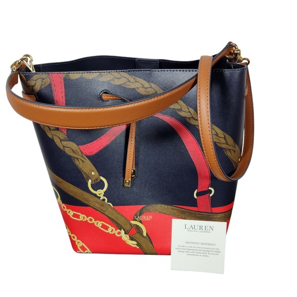 LRL Equestrian Belting Print M Andie Drawstring Bucket Bag Crossbody Strap New